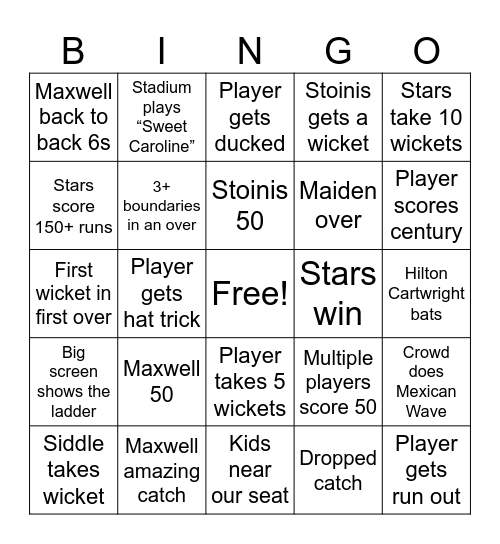 Melbourne Stars Bingo Card