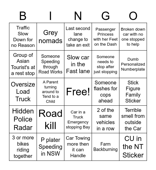Aussie Road Trip Bingo Card