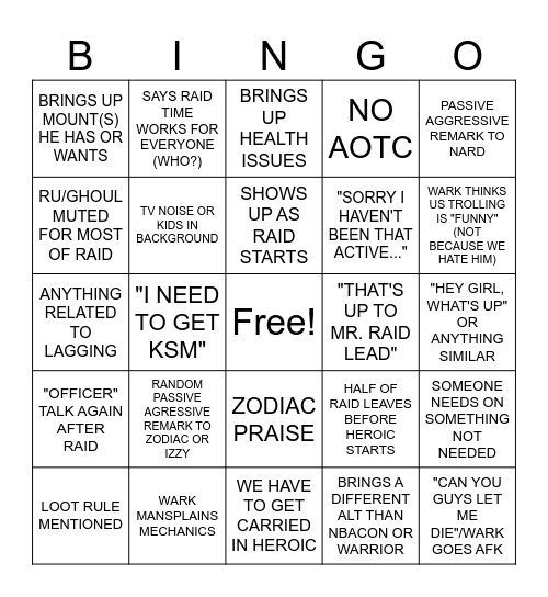 (MOSTLY) WARK RAID BINGO Card