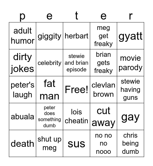 family guy Bingo Card