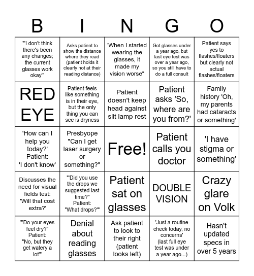 Optom Bingo r0 Bingo Card