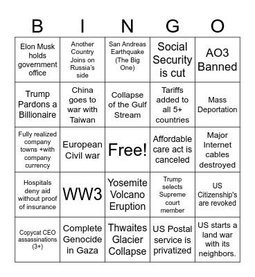 2025 Doomsday Bingo Card