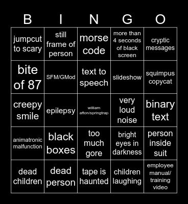FNAF VHS Bingo Card