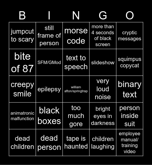 FNAF VHS Bingo Card