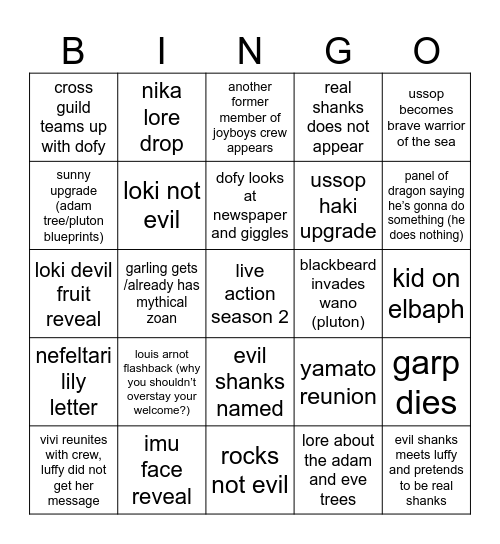 One Piece 2025 Bingo Card