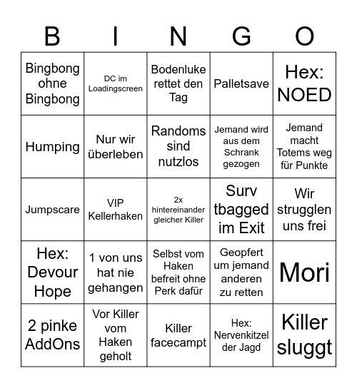 Dead by Daylight Bingo Card