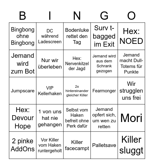 Dead by Daylight Bingo Card