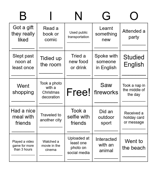 Holiday Highlights Bingo Card