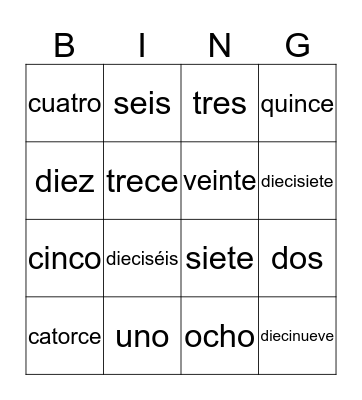 los números  Bingo Card