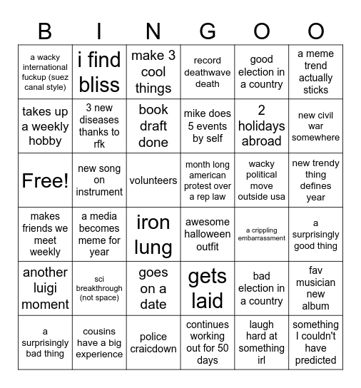 mikes 2025 bingo Card