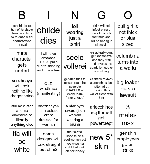 Genshin 2025 Bingo Card Bingo Card