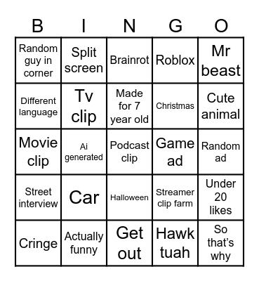 YouTube shorts bingo Card