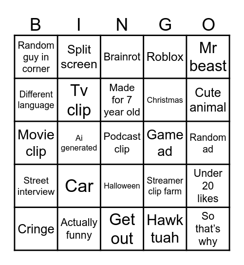YouTube shorts bingo Card