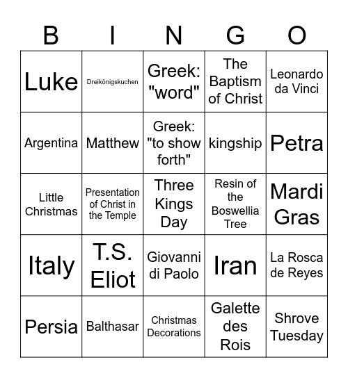 Epiphany Bingo Card