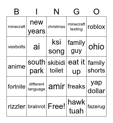 yt shorts bingo Card