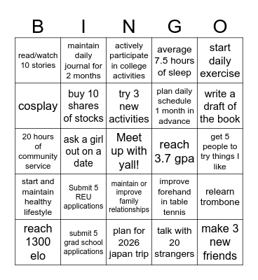 New Year Resolution Bingo Card