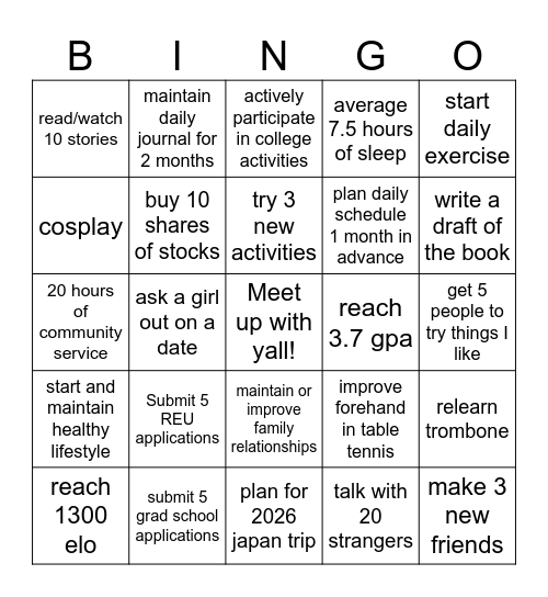 New Year Resolution Bingo Card