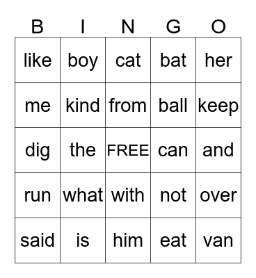 Word Recognition Bingo Card
