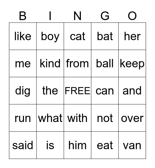 Word Recognition Bingo Card