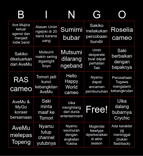 Ave Mujica Anime Bingo Card