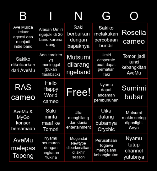 Ave Mujica Anime Bingo Card