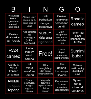 Ave Mujica Anime Bingo Card