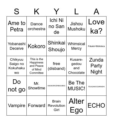 skylar's unchanging warmth bingo Card