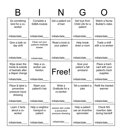 PICU BINGO Card