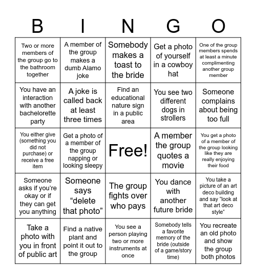 Elizabeth’s Mission Bingo Card