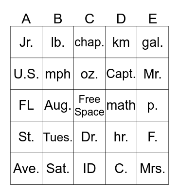 Abbreviations BINGO Card