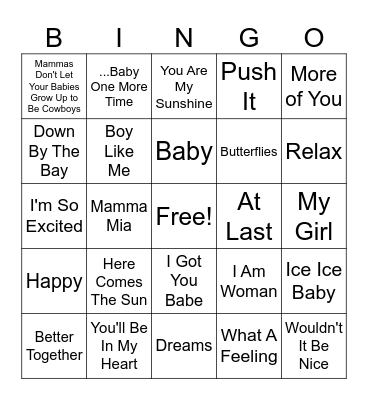 OH BABY, Music Bingo Card
