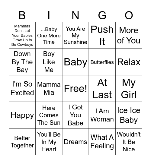 OH BABY, Music Bingo Card