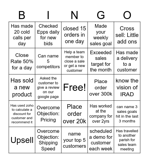 Sales Team Bingo Card