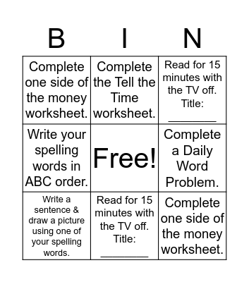 Homework Bingo- Group 1 (9/14-9/16) Bingo Card