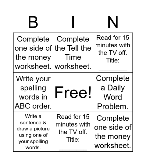 Homework Bingo- Group 1 (9/14-9/16) Bingo Card