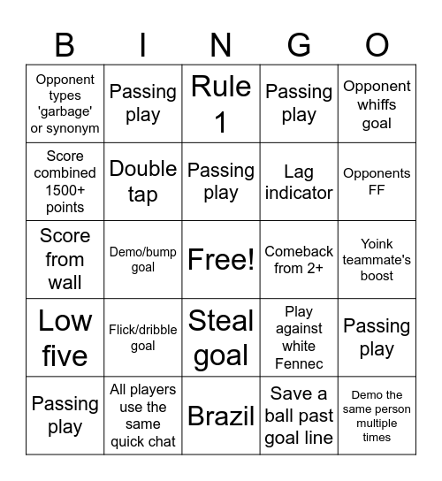 Rocket League Bingo Card
