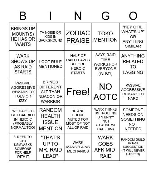 raid bingo! Bingo Card