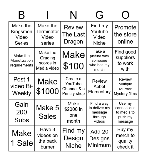 POD Business / Youtube Goals Bingo Card
