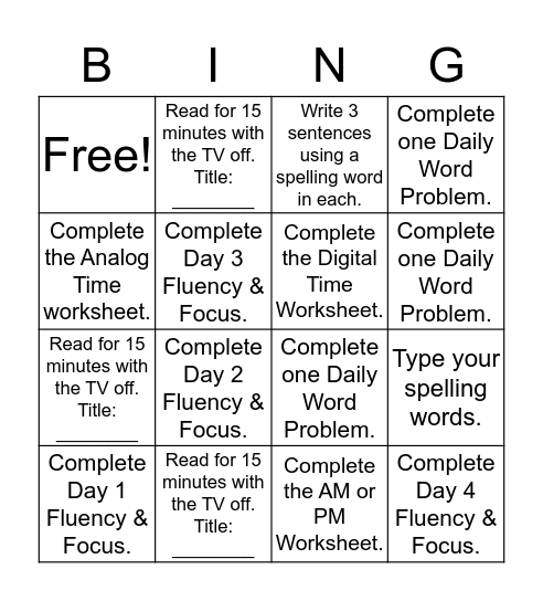 Homework Bingo- Group 1 (Week of 9/19) Bingo Card