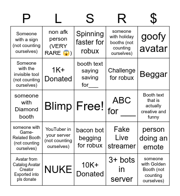 Roblox Bingo (PLS DONATE edition) Bingo Card