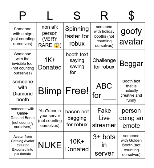 Roblox Bingo (PLS DONATE edition) Bingo Card