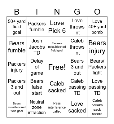 Bears/Packers 1/5/25 Bingo Card