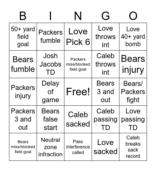 Bears/Packers 1/5/25 Bingo Card