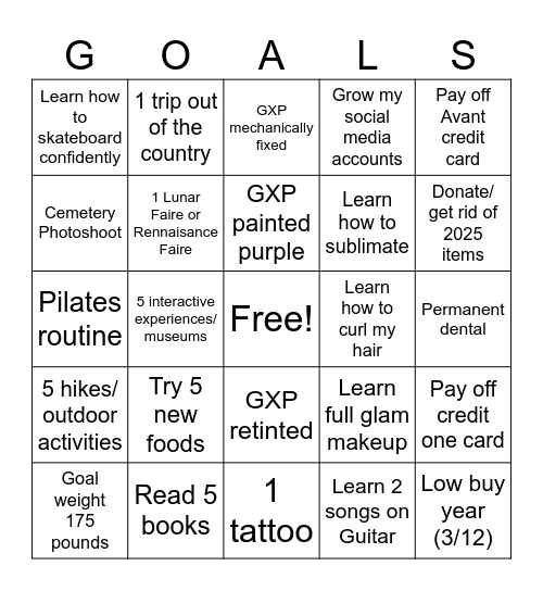 2025 Goals Bingo Card