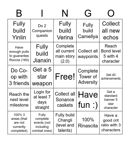 wuwa Bingo Card