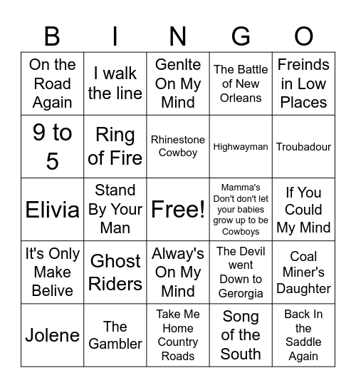 Country Music Bingo Card