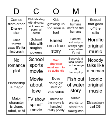 Disney Channel Original Movie Bingo Card