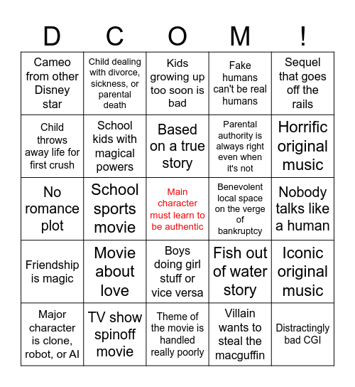 Disney Channel Original Movie Bingo Card