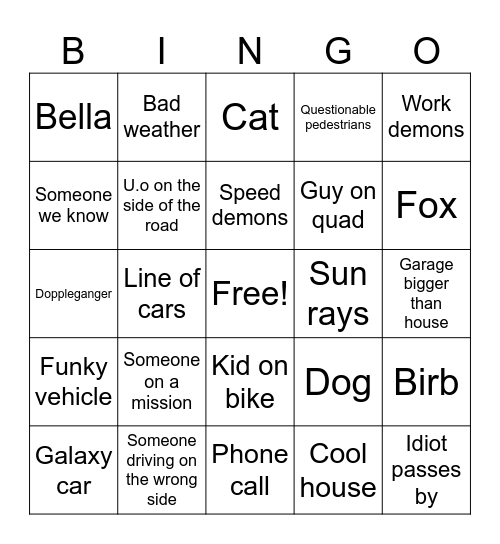 In the car Bingo Card