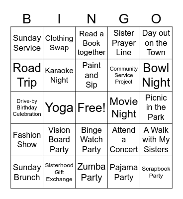 Sisterhood Activities Bingo Card